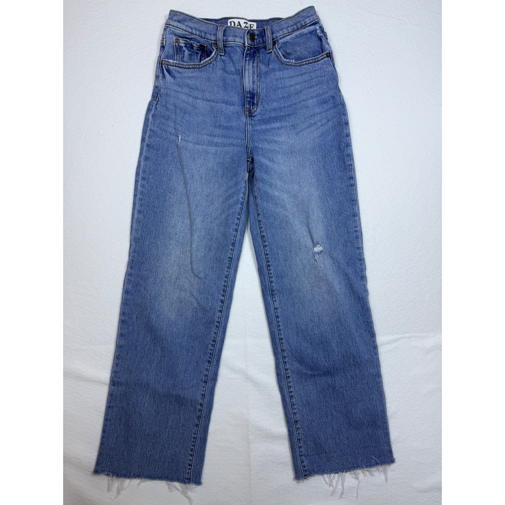 Daze Tough Love Straight‎ Leg Jeans Women 25 Blue High Rise Raw Hem Distressed